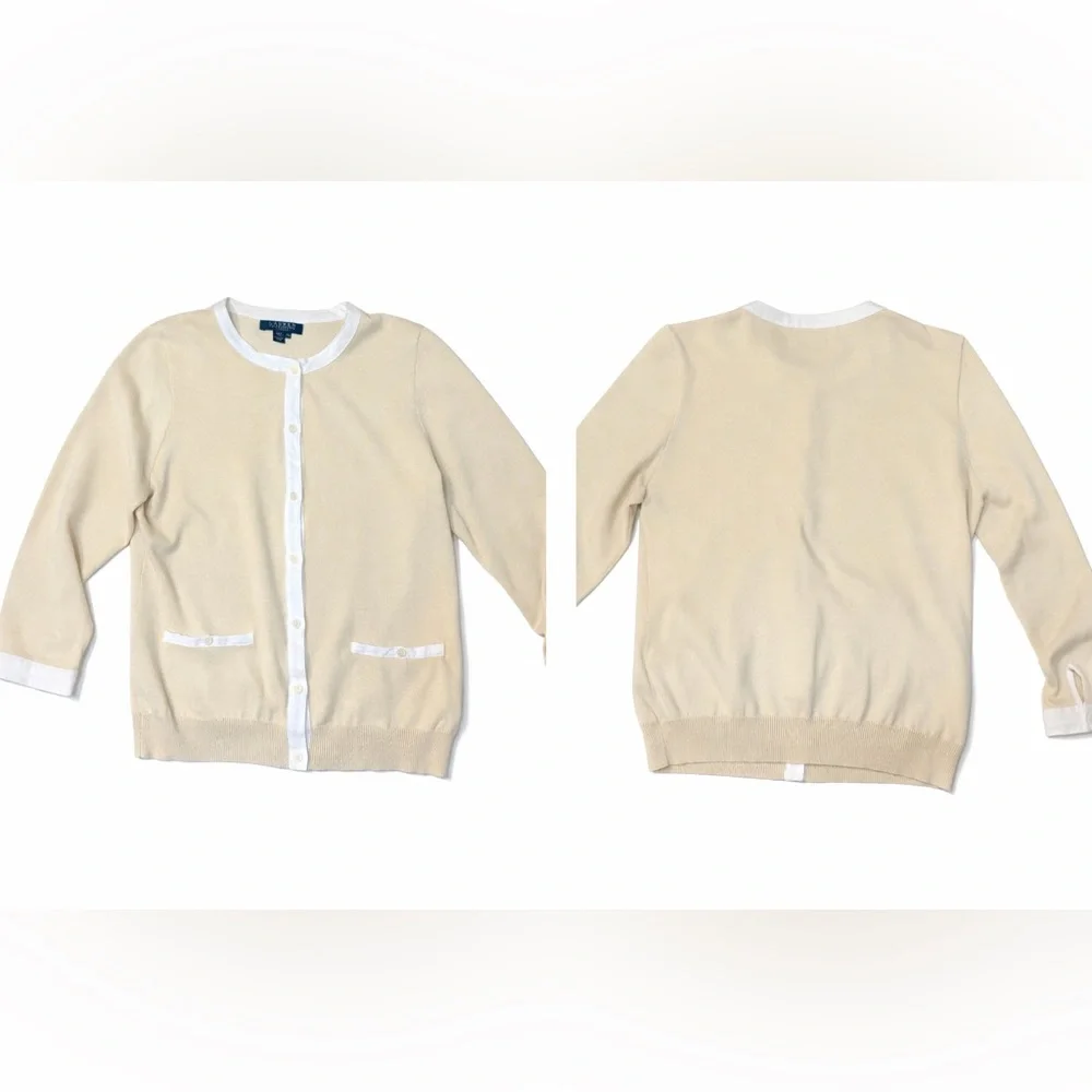 Lauren Ralph Lauren Beige Cream Chanel Style Cotton Cardigan Sweater, Size PM